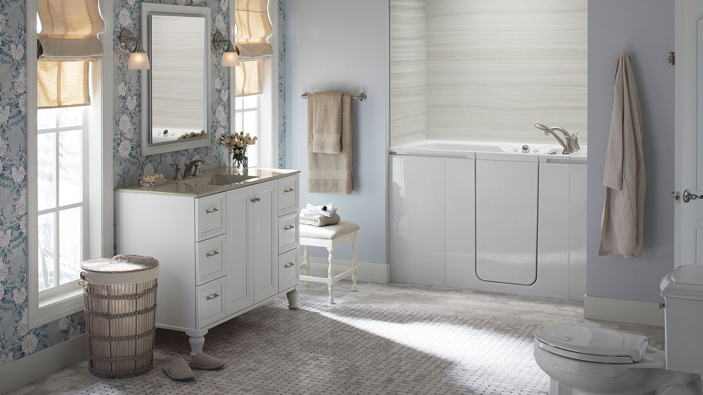 Kohler walk-in bath and LuxStone walls