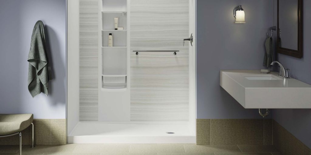 Kohler LuxStone shower with floating shelf and shower storage locker